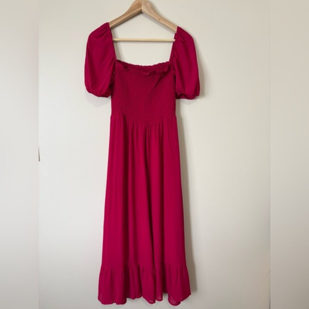 NEW Reformation Meadow Puff Sleeve Smocked Midi Dress Rhubarb Pink Red | size S - Picture 6 of 13